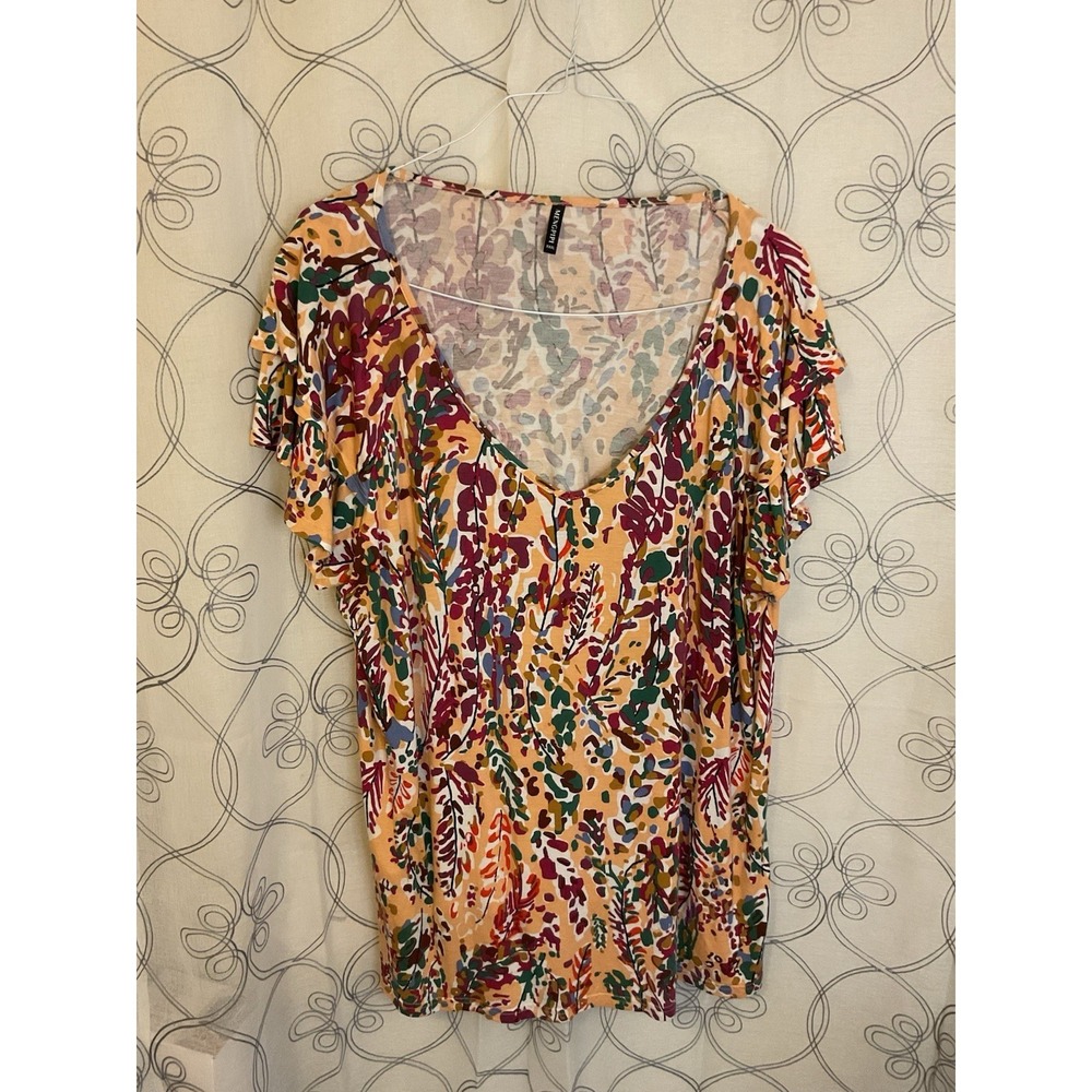 Women's Mengpipi Peach Floral Short Flowy Ruffle Sleeves V-Neck Top Size XXXL